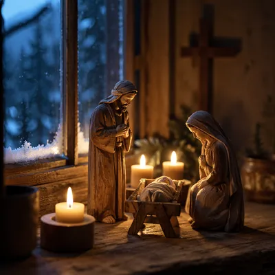 Candlelit Nativity on Winter Windowsill
