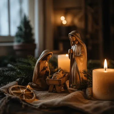 Candlelit Wooden Nativity Christmas Close-Up