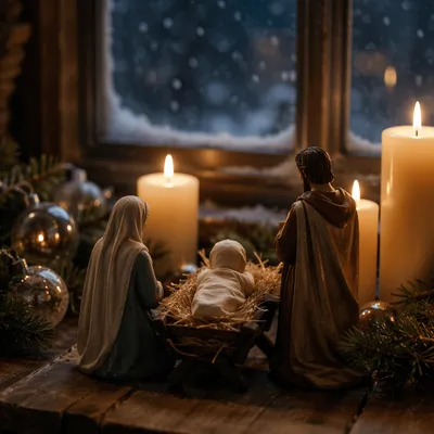 Candlelit Christmas Nativity by Frosted Window