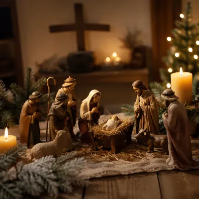 Candlelit Christmas Nativity on Rustic Table
