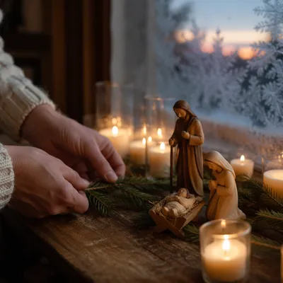 Candlelit Nativity by a Frosted Window