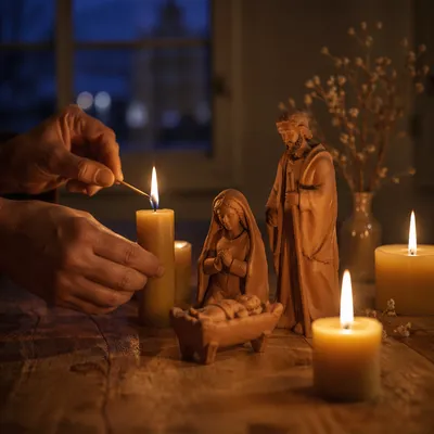 Candlelit Handmade Christmas Nativity at Dusk