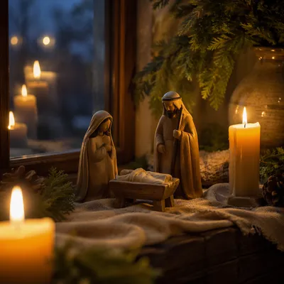 Candlelit Handmade Nativity at Christmas Dusk