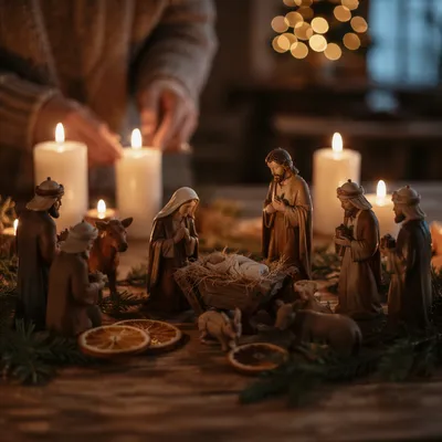 Candlelit Christmas Nativity on Rustic Table