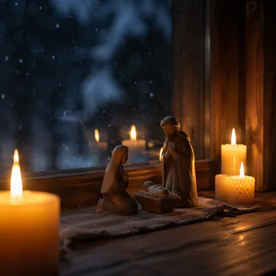 Candlelit Nativity on a Winter Windowsill