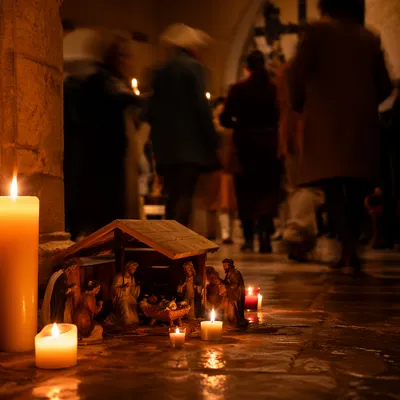 Candlelit Nativity in a Rustic Chapel