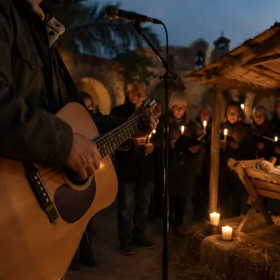 Candlelit Nativity Scene with Guitar Worship