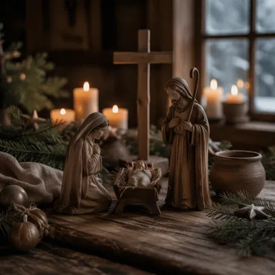 Candlelit Christmas Nativity on Rustic Table