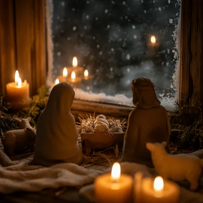 Candlelit Nativity by Frosted Christmas Window