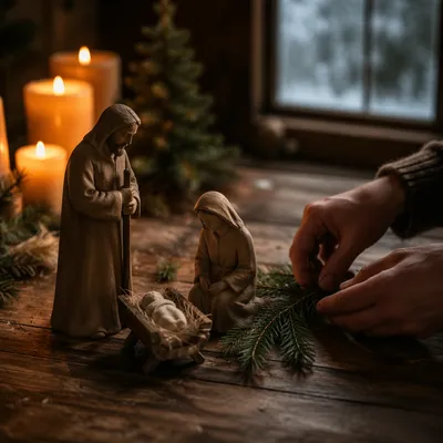 Candlelit Handmade Nativity with Evergreen Sprig