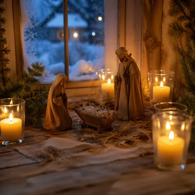 Candlelit Christmas Nativity by Frosted Window