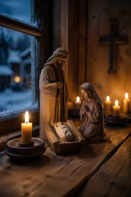 Candlelit Nativity on Winter Windowsill