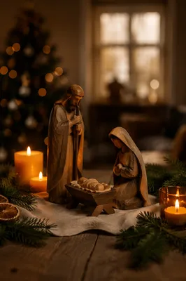 Candlelit Wooden Nativity on Rustic Christmas Table