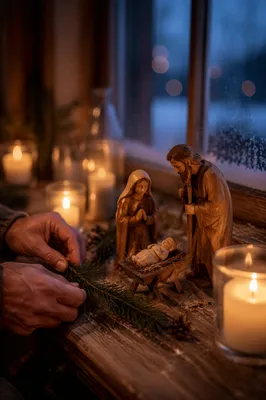 Candlelit Handmade Nativity by Frosted Window