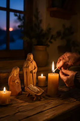 Candlelit Handmade Christmas Nativity at Dusk