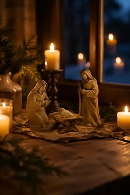 Candlelit Handmade Nativity at Christmas Dusk