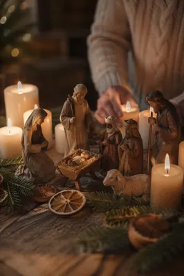 Candlelit Christmas Nativity on Rustic Table