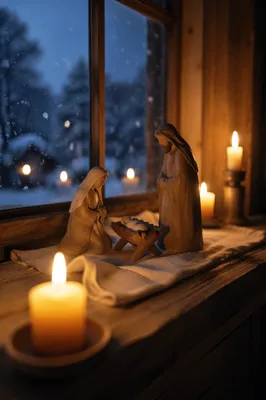 Candlelit Nativity on Winter Windowsill