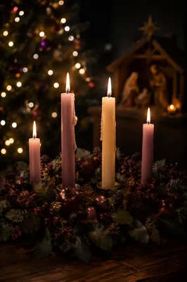 Advent Candlelight Nativity With Christmas Bokeh