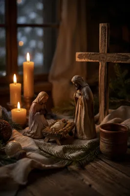Candlelit Christmas Nativity on Rustic Table