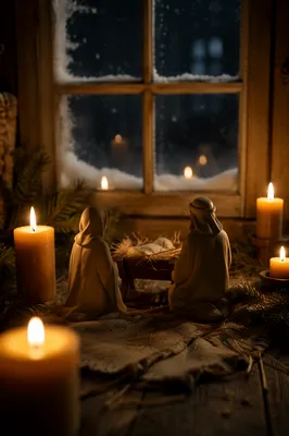 Candlelit Nativity by Frosted Christmas Window