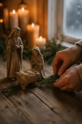 Candlelit Christmas Nativity with Evergreen Hands