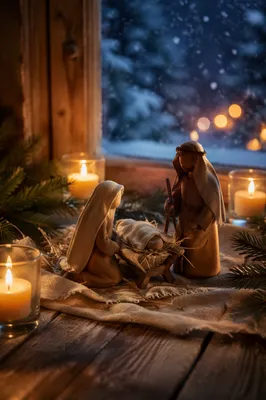 Candlelit Nativity by Frosted Christmas Window