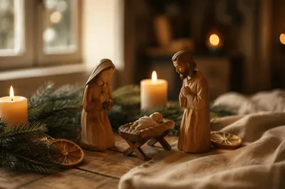Candlelit Wooden Nativity on Rustic Christmas Table