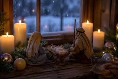 Candlelit Christmas Nativity by Frosted Window