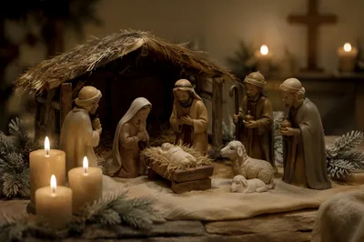 Candlelit Handmade Nativity on Rustic Table