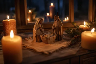 Candlelit Handmade Nativity at Christmas Dusk