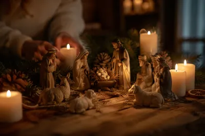 Candlelit Christmas Nativity on Rustic Table