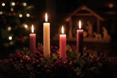 Advent Candlelight Nativity with Christmas Bokeh