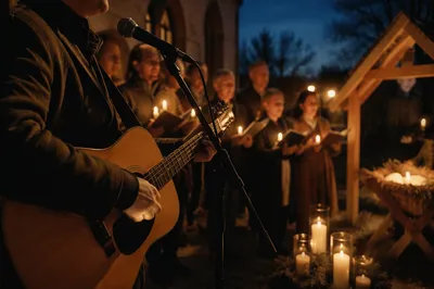 Candlelit Nativity Scene in Outdoor Courtyard