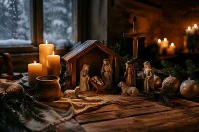Candlelit Christmas Nativity on Rustic Table