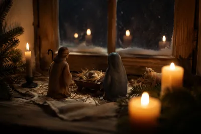 Candlelit Nativity by a Frosted Window