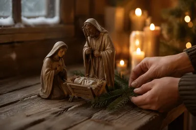 Candlelit Christmas Nativity on Rustic Table