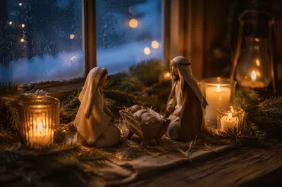 Candlelit Christmas Nativity by Frosted Window