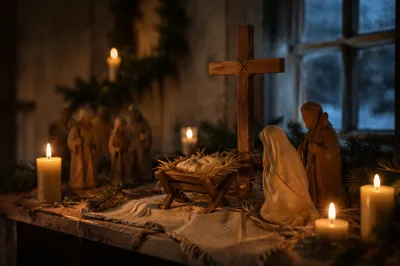 Candlelit Nativity in Quiet Country Chapel