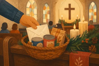 Christmas Offering Basket in Quiet Church
