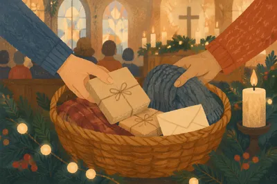 Christmas Offering Basket in Candlelit Church