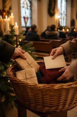Christmas Offering Basket in Candlelit Church