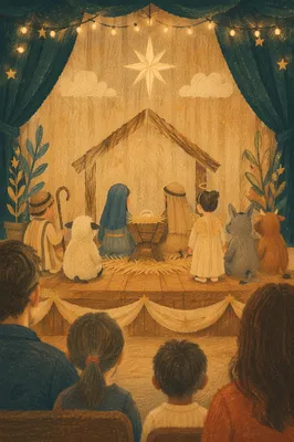 Children Christmas Pageant Around Rustic Manger