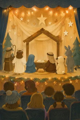 Children Christmas Pageant Around Rustic Manger