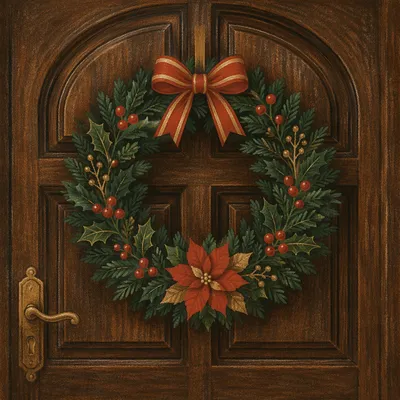 Festive Christmas Wreath on Wooden Door