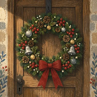Christmas Wreath on Rustic Wooden Door