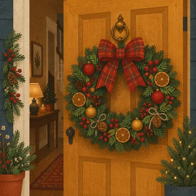 Christmas Wreath on Honey Wooden Door