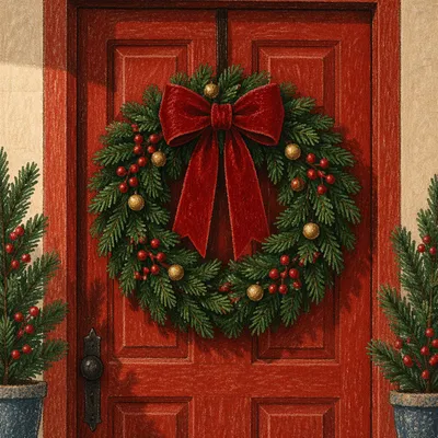 Christmas Wreath on Red Wooden Door