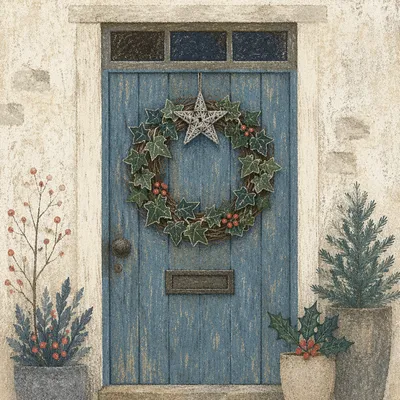 Rustic Christmas Wreath on Blue Wooden Door