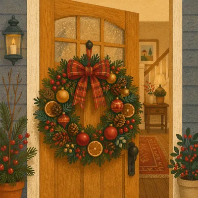 Festive Christmas Wreath on Wooden Door